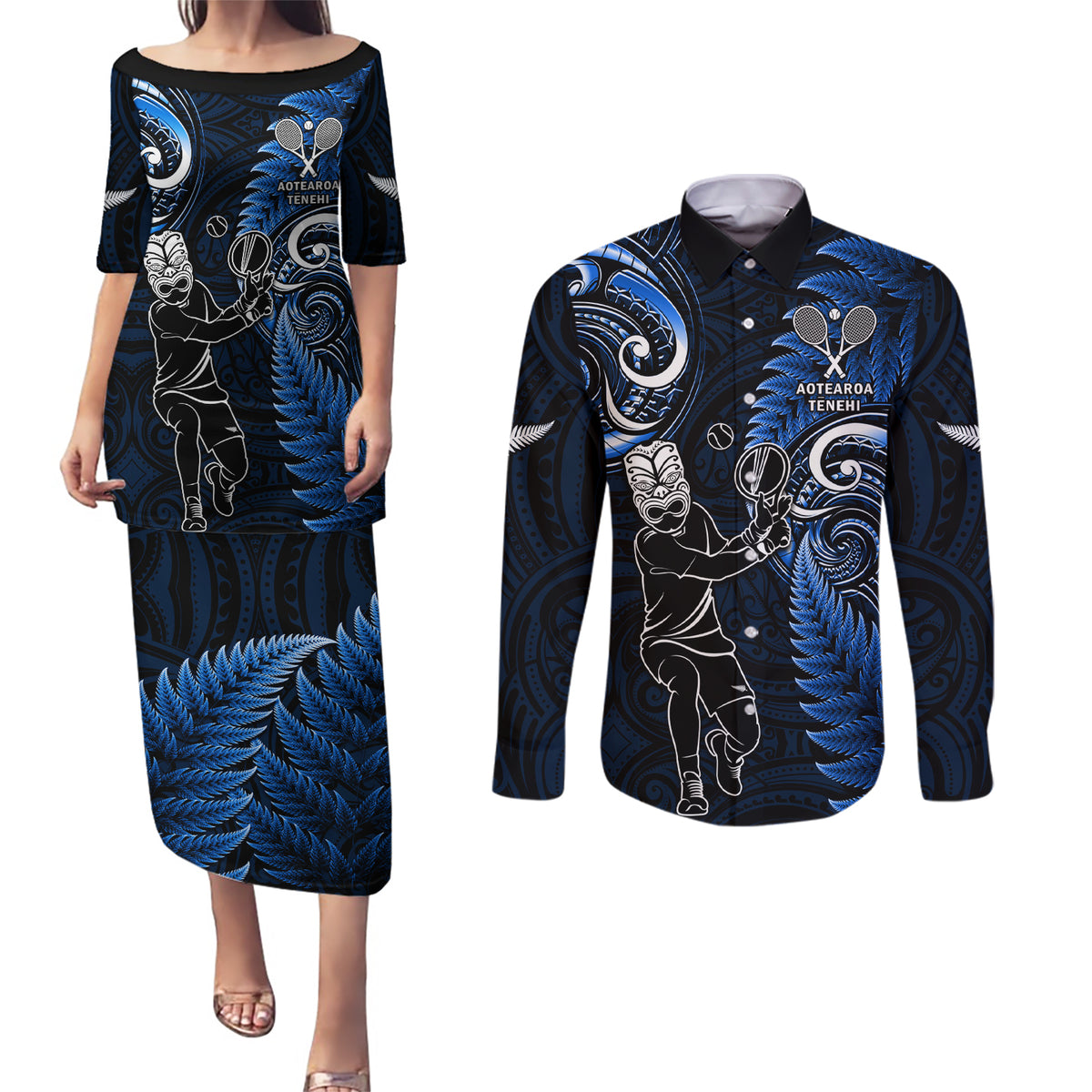 New Zealand Tiki Tennis Couples Matching Puletasi and Long Sleeve Button Shirt 2024 Aotearoa Tenehi Maori Silver Fern - Blue LT14 Blue - Polynesian Pride