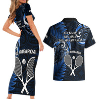 New Zealand Tiki Tennis Couples Matching Short Sleeve Bodycon Dress and Hawaiian Shirt 2024 Aotearoa Tenehi Maori Silver Fern - Blue LT14 - Polynesian Pride