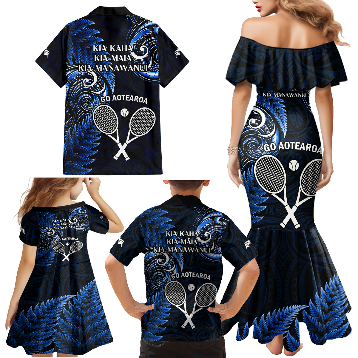 New Zealand Tiki Tennis Family Matching Mermaid Dress and Hawaiian Shirt 2024 Aotearoa Tenehi Maori Silver Fern - Blue LT14 - Polynesian Pride