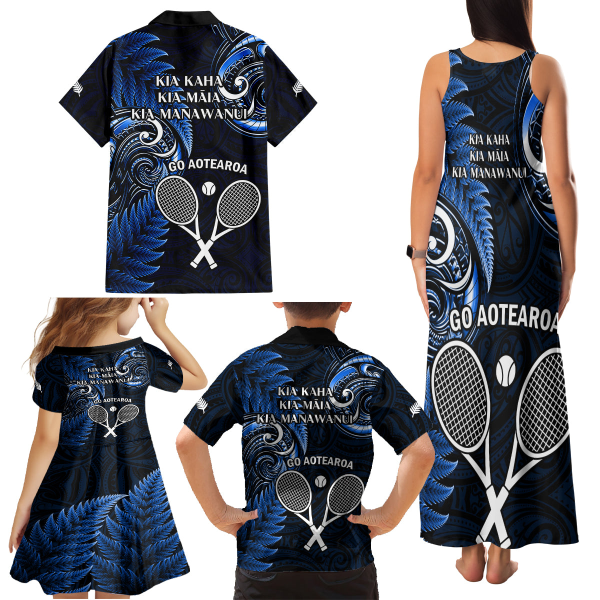 New Zealand Tiki Tennis Family Matching Tank Maxi Dress and Hawaiian Shirt 2024 Aotearoa Tenehi Maori Silver Fern - Blue LT14 - Polynesian Pride