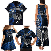 New Zealand Tiki Tennis Family Matching Tank Maxi Dress and Hawaiian Shirt 2024 Aotearoa Tenehi Maori Silver Fern - Blue LT14 - Polynesian Pride