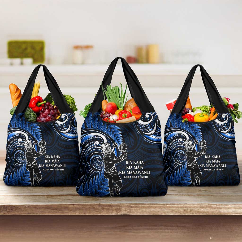New Zealand Tiki Tennis Grocery Bag Aotearoa Tenehi Maori Silver Fern - Blue