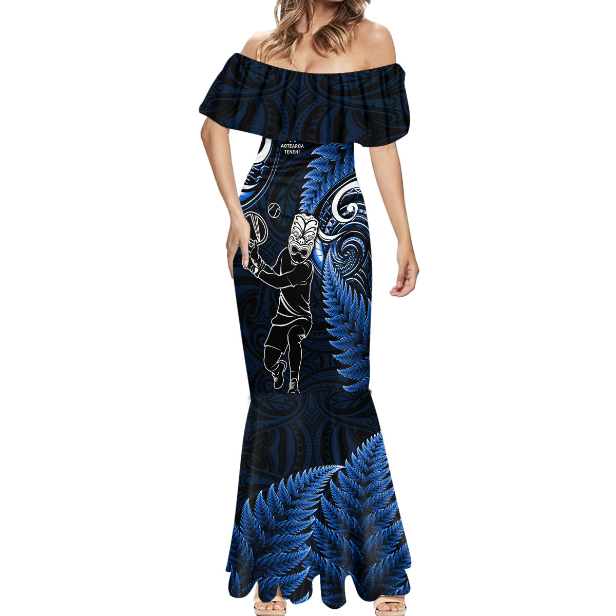 New Zealand Tiki Tennis Mermaid Dress 2024 Aotearoa Tenehi Maori Silver Fern - Blue LT14 - Polynesian Pride