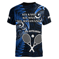 New Zealand Tiki Tennis Women V Neck T Shirt 2024 Aotearoa Tenehi Maori Silver Fern - Blue LT14 - Polynesian Pride