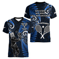 New Zealand Tiki Tennis Women V Neck T Shirt 2024 Aotearoa Tenehi Maori Silver Fern - Blue LT14 - Polynesian Pride