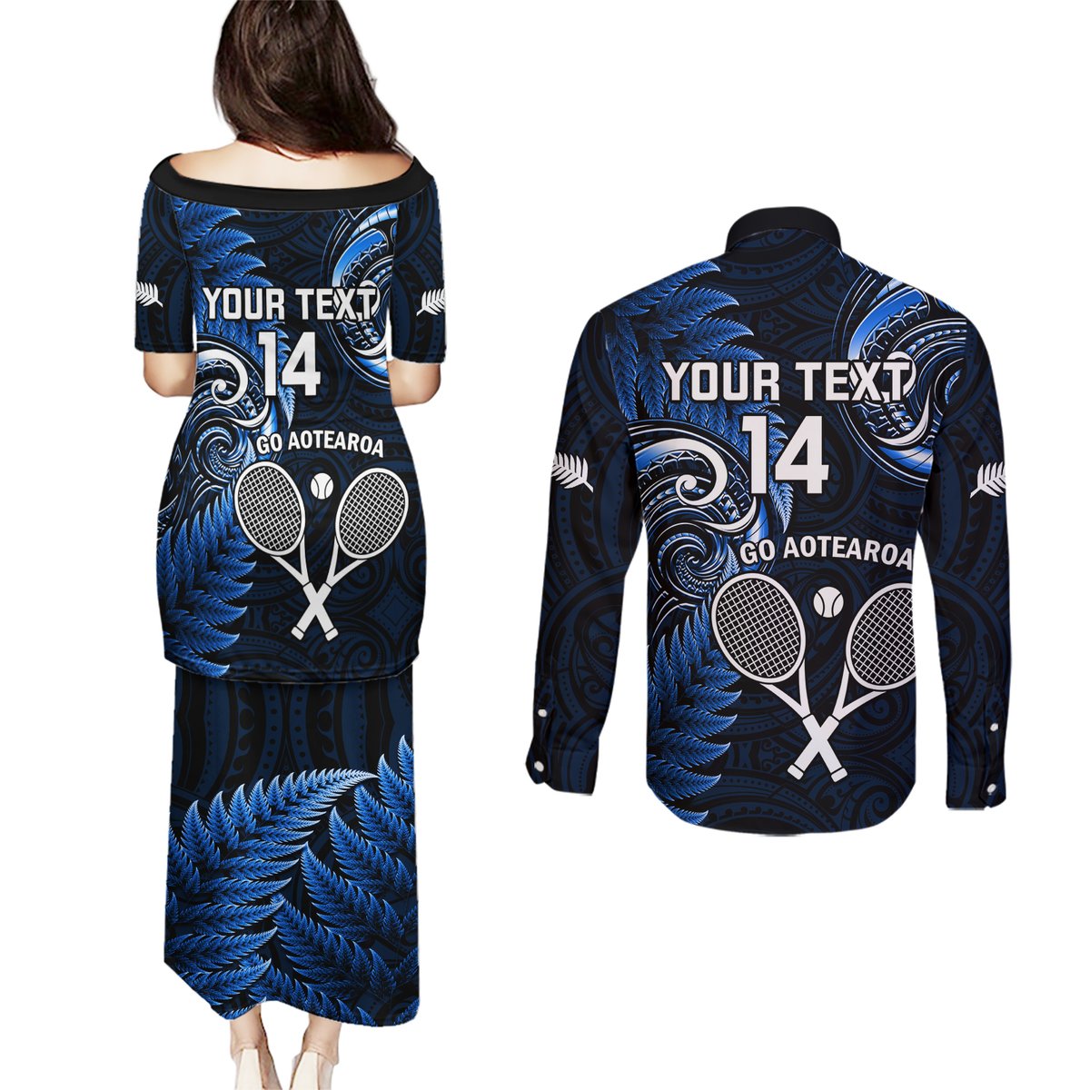 Custom New Zealand Tiki Tennis Couples Matching Puletasi and Long Sleeve Button Shirt 2024 Aotearoa Tenehi Maori Silver Fern - Blue LT14 - Polynesian Pride