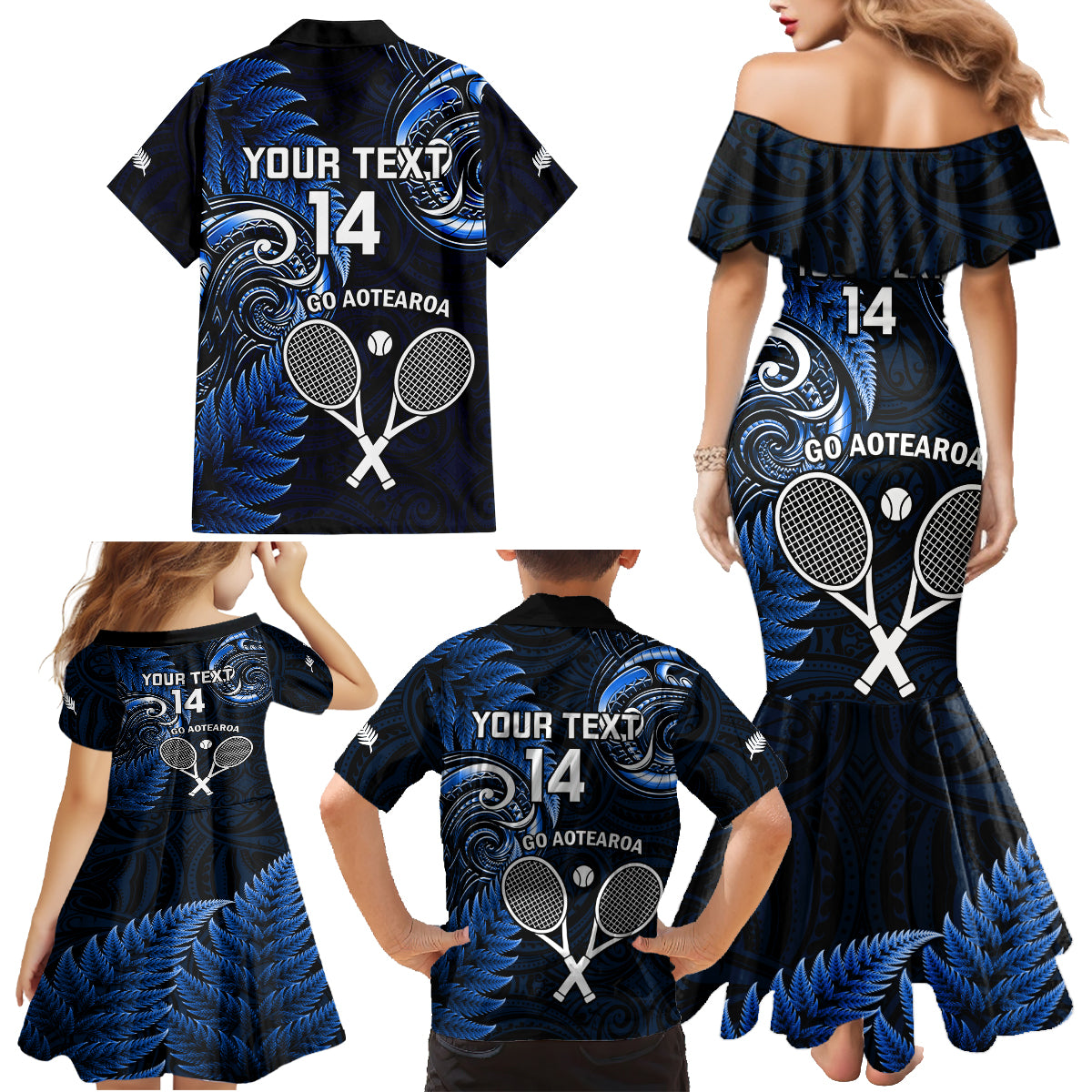 Custom New Zealand Tiki Tennis Family Matching Mermaid Dress and Hawaiian Shirt 2024 Aotearoa Tenehi Maori Silver Fern - Blue LT14 - Polynesian Pride