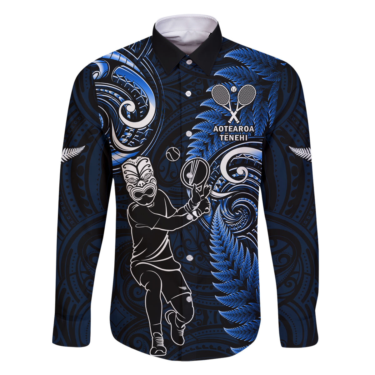 Custom New Zealand Tiki Tennis Family Matching Off Shoulder Short Dress and Hawaiian Shirt 2024 Aotearoa Tenehi Maori Silver Fern - Blue LT14 Dad's Shirt - Long Sleeve Blue - Polynesian Pride