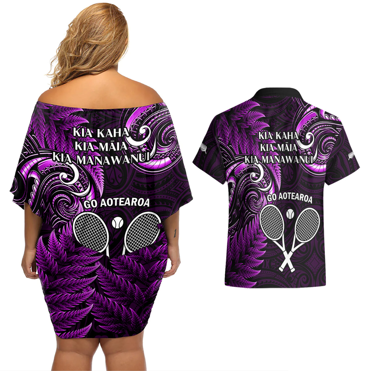 New Zealand Tiki Tennis Couples Matching Off Shoulder Short Dress and Hawaiian Shirt 2024 Aotearoa Tenehi Maori Silver Fern - Purple LT14 - Polynesian Pride