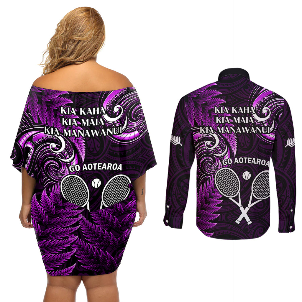 New Zealand Tiki Tennis Couples Matching Off Shoulder Short Dress and Long Sleeve Button Shirt 2024 Aotearoa Tenehi Maori Silver Fern - Purple LT14 - Polynesian Pride