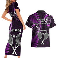 New Zealand Tiki Tennis Couples Matching Short Sleeve Bodycon Dress and Hawaiian Shirt 2024 Aotearoa Tenehi Maori Silver Fern - Purple LT14 - Polynesian Pride