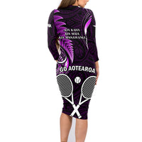 New Zealand Tiki Tennis Family Matching Long Sleeve Bodycon Dress and Hawaiian Shirt 2024 Aotearoa Tenehi Maori Silver Fern - Purple LT14 - Polynesian Pride