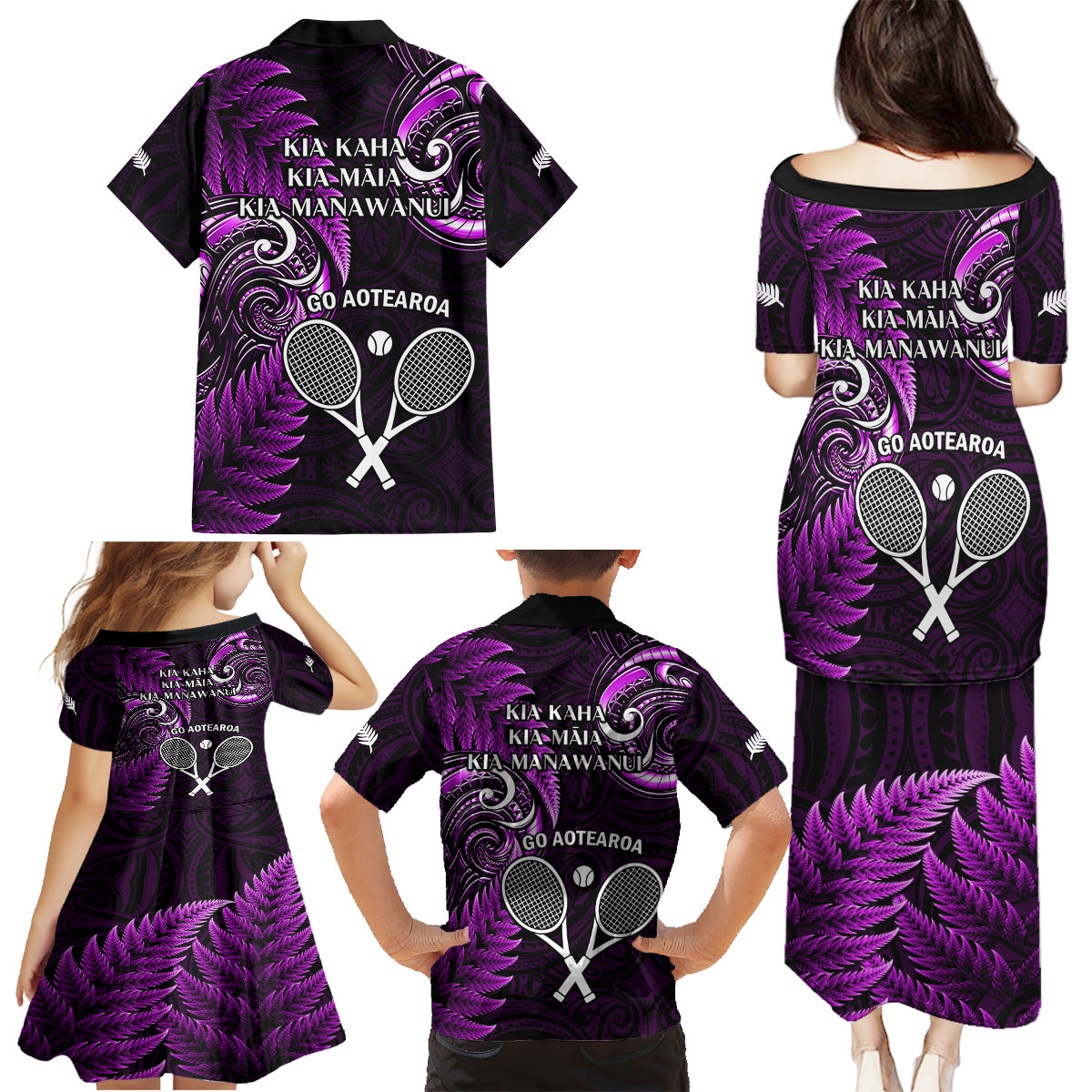 New Zealand Tiki Tennis Family Matching Puletasi and Hawaiian Shirt 2024 Aotearoa Tenehi Maori Silver Fern - Purple LT14 - Polynesian Pride