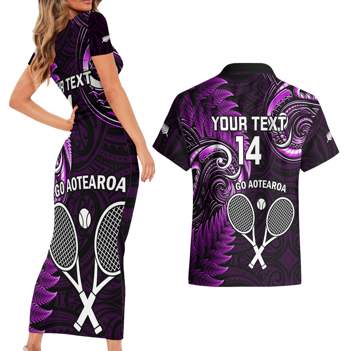 Custom New Zealand Tiki Tennis Couples Matching Short Sleeve Bodycon Dress and Hawaiian Shirt 2024 Aotearoa Tenehi Maori Silver Fern - Purple LT14 - Polynesian Pride