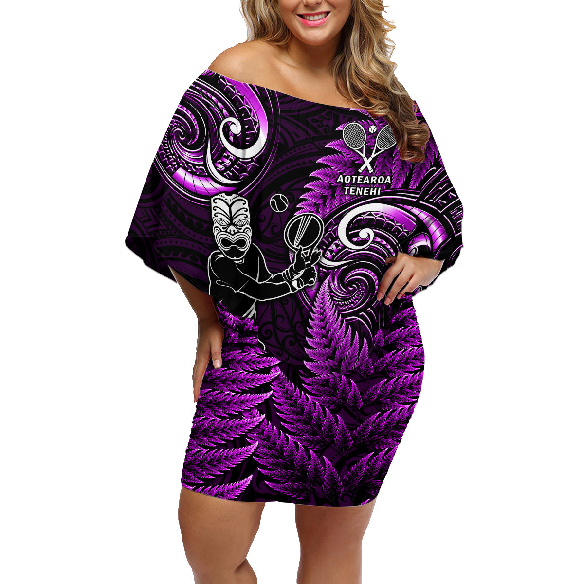 Custom New Zealand Tiki Tennis Family Matching Off Shoulder Short Dress and Hawaiian Shirt 2024 Aotearoa Tenehi Maori Silver Fern - Purple LT14 Mom's Dress Purple - Polynesian Pride