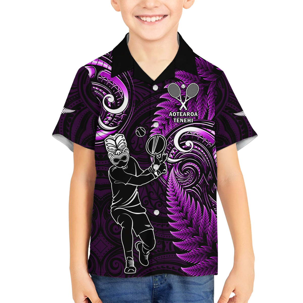 Custom New Zealand Tiki Tennis Family Matching Off Shoulder Short Dress and Hawaiian Shirt 2024 Aotearoa Tenehi Maori Silver Fern - Purple LT14 Son's Shirt Purple - Polynesian Pride