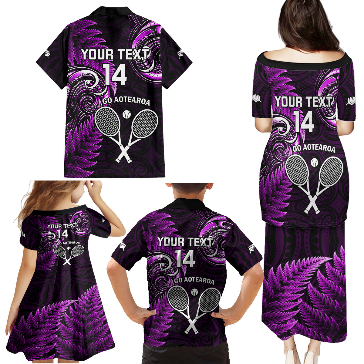 Custom New Zealand Tiki Tennis Family Matching Puletasi and Hawaiian Shirt 2024 Aotearoa Tenehi Maori Silver Fern - Purple LT14 - Polynesian Pride