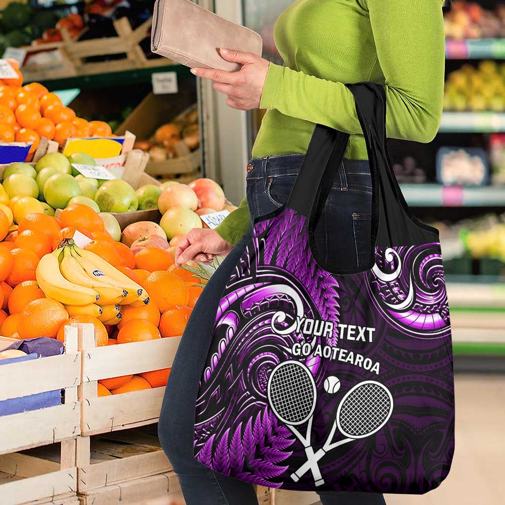 Custom New Zealand Tiki Tennis Grocery Bag Aotearoa Tenehi Maori Silver Fern - Purple
