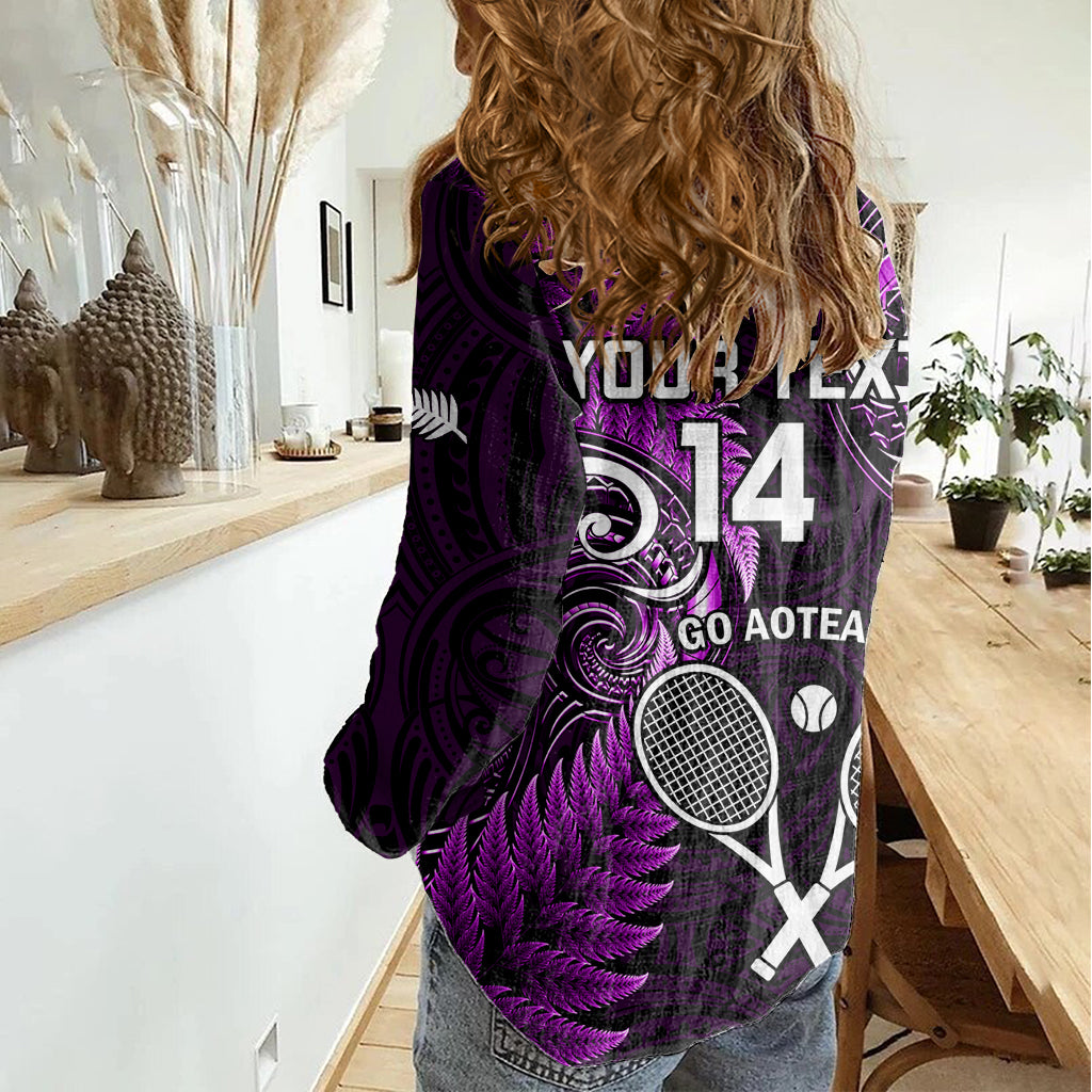 Custom New Zealand Tiki Tennis Women Casual Shirt 2024 Aotearoa Tenehi Maori Silver Fern - Purple LT14 - Polynesian Pride