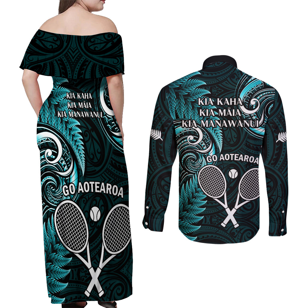 New Zealand Tiki Tennis Couples Matching Off Shoulder Maxi Dress and Long Sleeve Button Shirt 2024 Aotearoa Tenehi Maori Silver Fern - Turquoise LT14 - Polynesian Pride