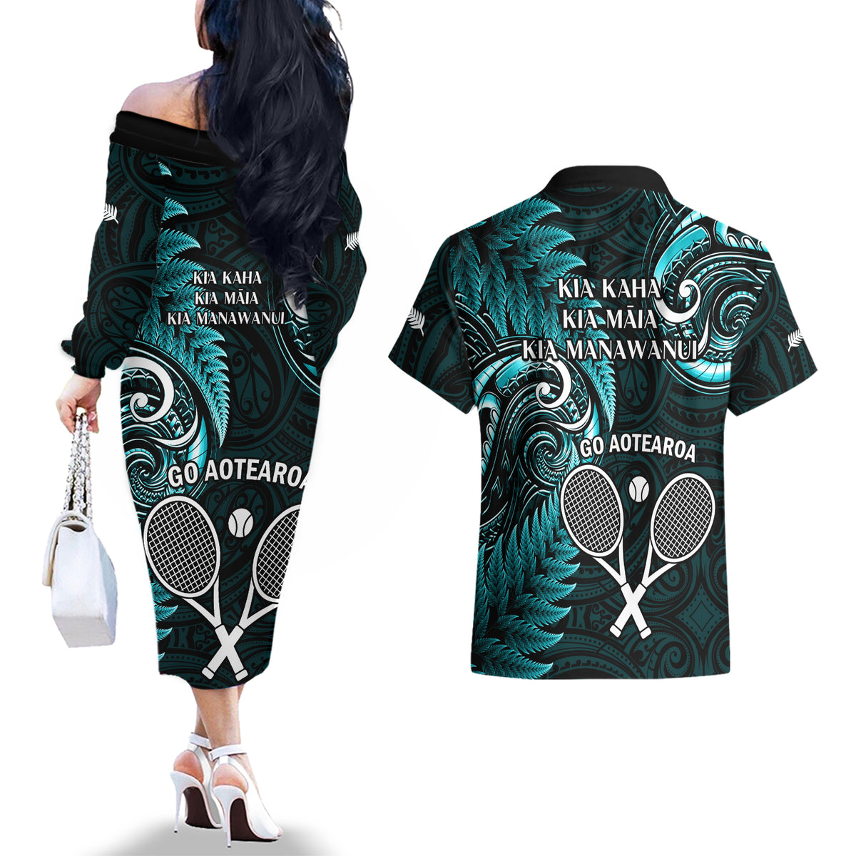 New Zealand Tiki Tennis Couples Matching Off The Shoulder Long Sleeve Dress and Hawaiian Shirt 2024 Aotearoa Tenehi Maori Silver Fern - Turquoise LT14 - Polynesian Pride