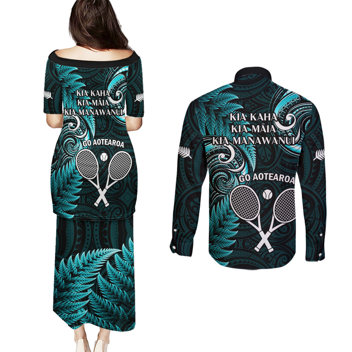 New Zealand Tiki Tennis Couples Matching Puletasi and Long Sleeve Button Shirt 2024 Aotearoa Tenehi Maori Silver Fern - Turquoise LT14 - Polynesian Pride