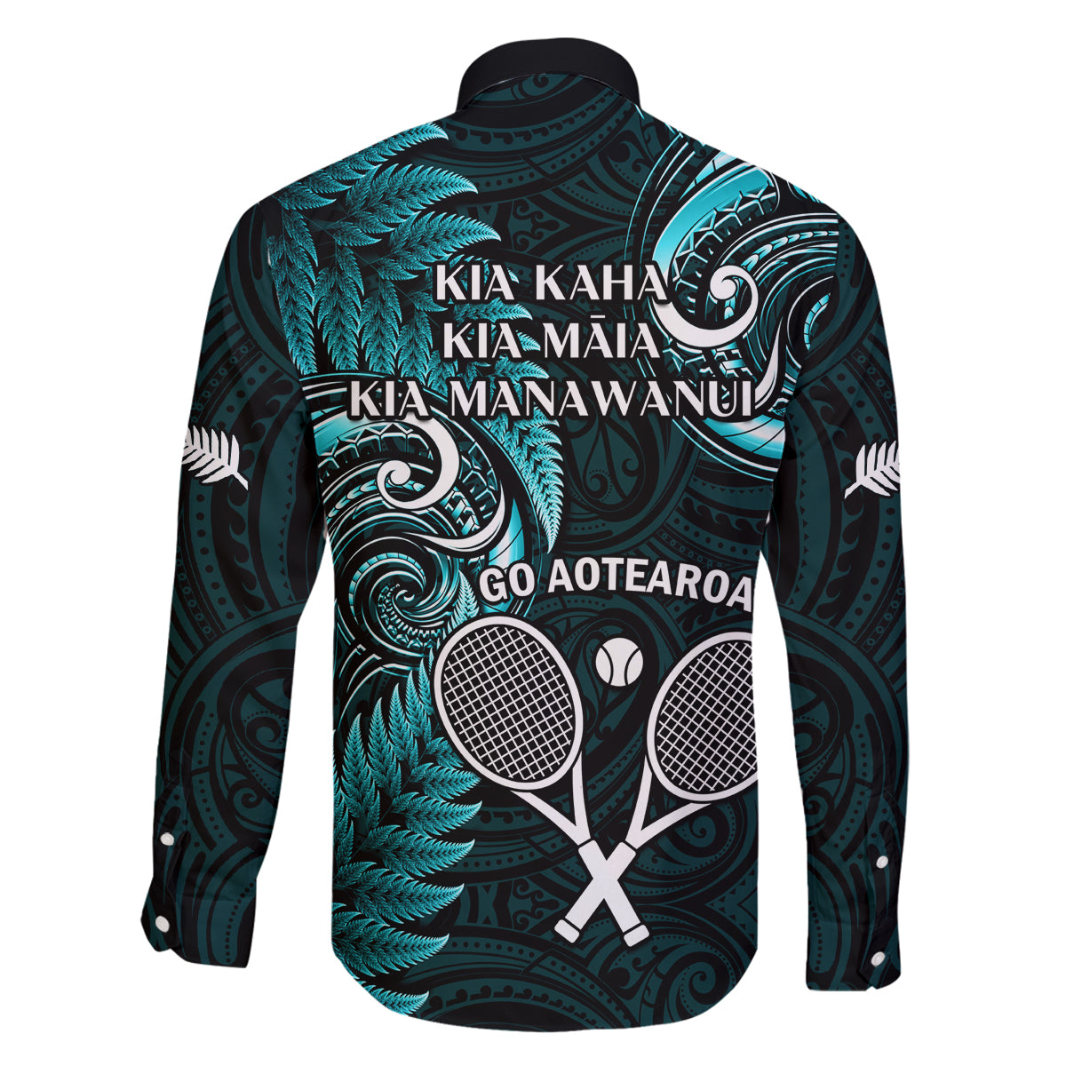 New Zealand Tiki Tennis Family Matching Off Shoulder Maxi Dress and Hawaiian Shirt 2024 Aotearoa Tenehi Maori Silver Fern - Turquoise LT14 - Polynesian Pride