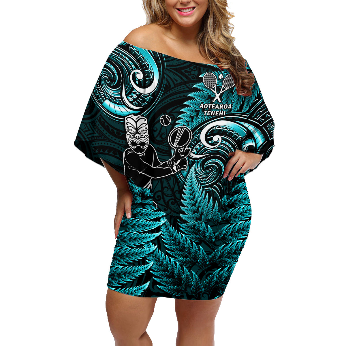 New Zealand Tiki Tennis Family Matching Off Shoulder Short Dress and Hawaiian Shirt 2024 Aotearoa Tenehi Maori Silver Fern - Turquoise LT14 Mom's Dress Turquoise - Polynesian Pride
