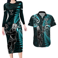 Custom New Zealand Tiki Tennis Couples Matching Long Sleeve Bodycon Dress and Hawaiian Shirt 2024 Aotearoa Tenehi Maori Silver Fern - Turquoise LT14 Turquoise - Polynesian Pride