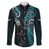 Custom New Zealand Tiki Tennis Family Matching Long Sleeve Bodycon Dress and Hawaiian Shirt 2024 Aotearoa Tenehi Maori Silver Fern - Turquoise LT14 Dad's Shirt - Long Sleeve Turquoise - Polynesian Pride