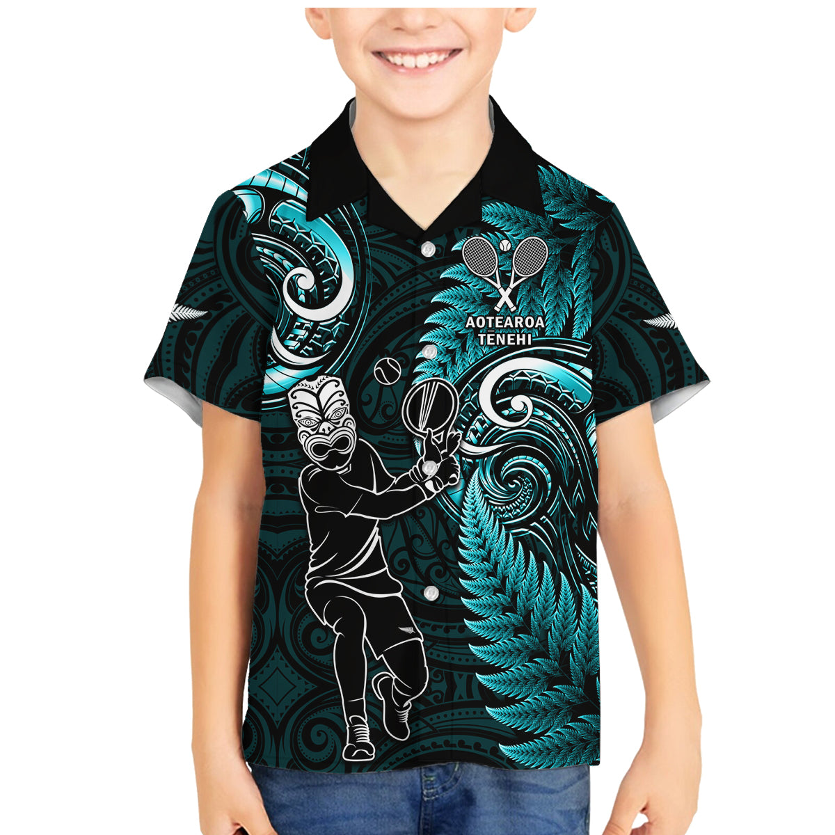 Custom New Zealand Tiki Tennis Family Matching Mermaid Dress and Hawaiian Shirt 2024 Aotearoa Tenehi Maori Silver Fern - Turquoise LT14 Son's Shirt Turquoise - Polynesian Pride