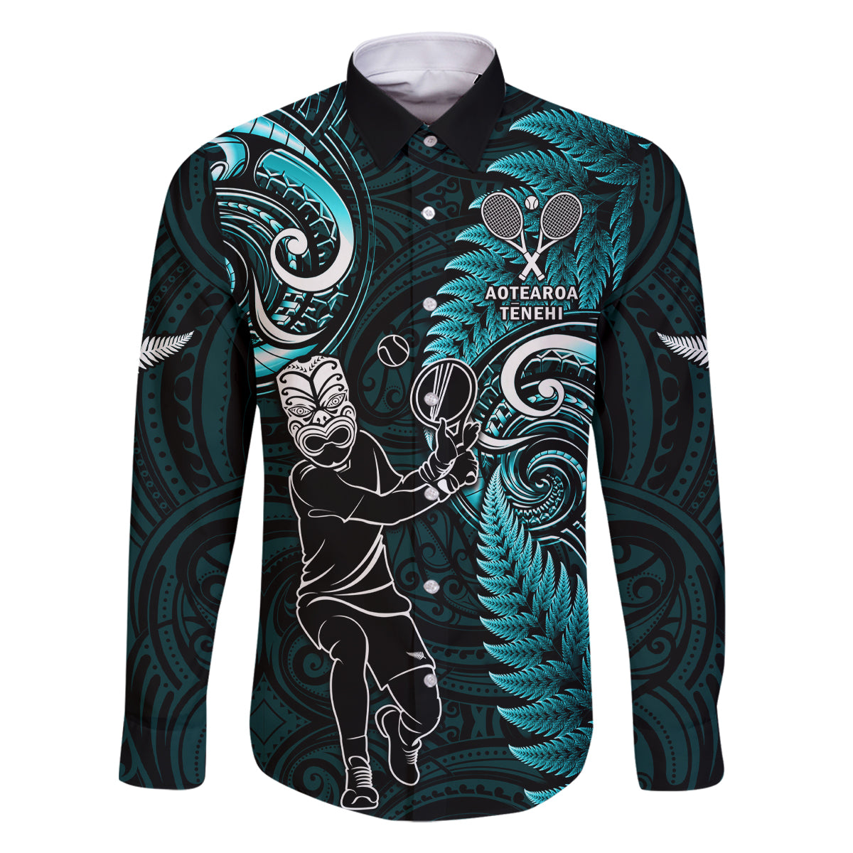 Custom New Zealand Tiki Tennis Family Matching Off Shoulder Maxi Dress and Hawaiian Shirt 2024 Aotearoa Tenehi Maori Silver Fern - Turquoise LT14 Dad's Shirt - Long Sleeve Turquoise - Polynesian Pride