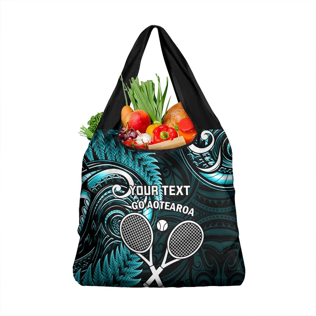 Custom New Zealand Tiki Tennis Grocery Bag Aotearoa Tenehi Maori Silver Fern - Turquoise