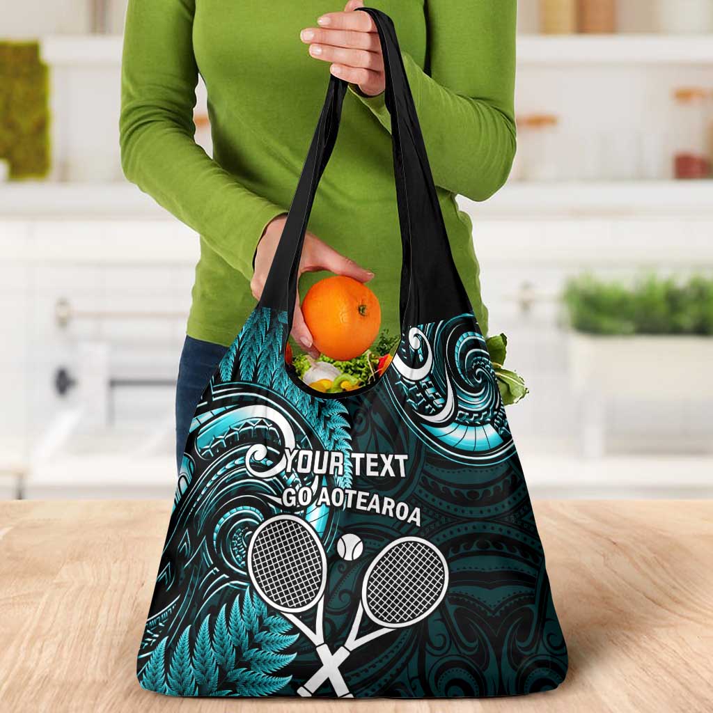 Custom New Zealand Tiki Tennis Grocery Bag Aotearoa Tenehi Maori Silver Fern - Turquoise