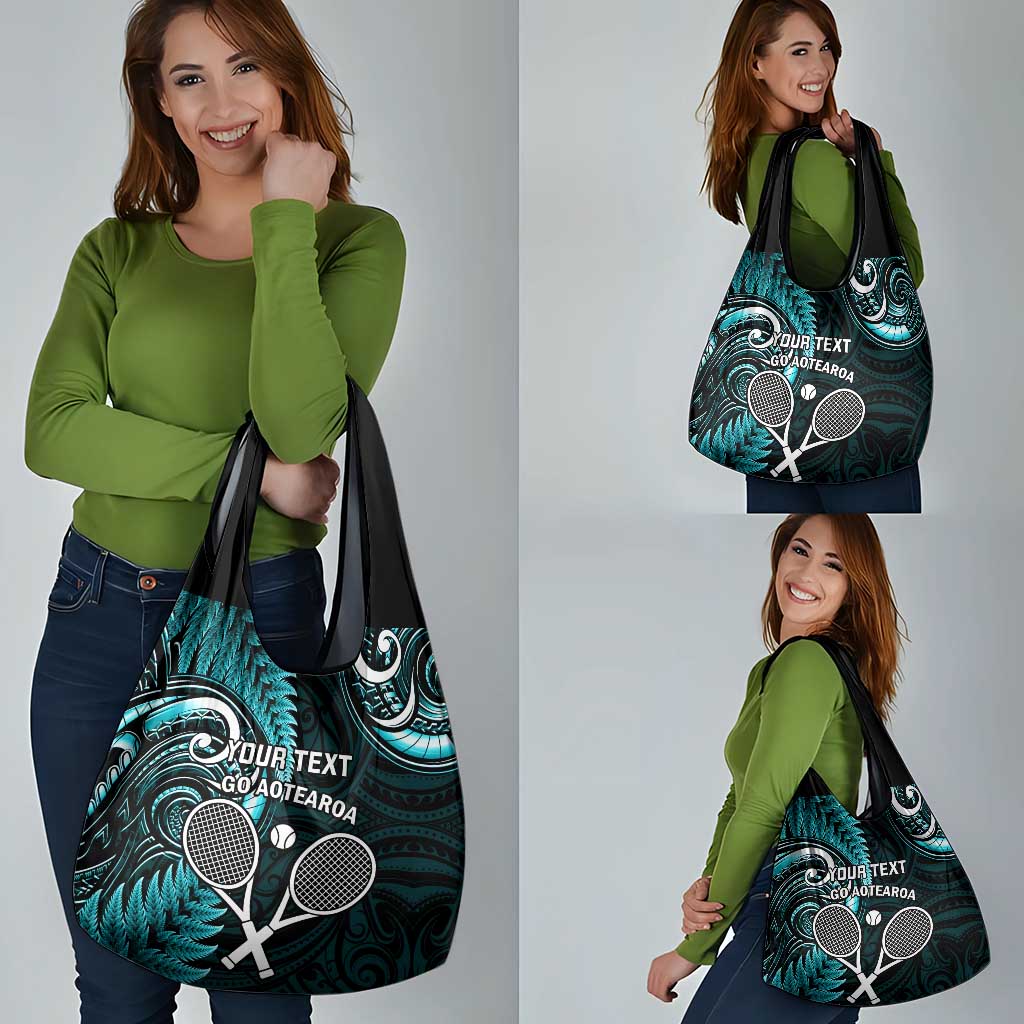 Custom New Zealand Tiki Tennis Grocery Bag Aotearoa Tenehi Maori Silver Fern - Turquoise