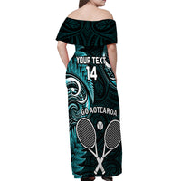 Custom New Zealand Tiki Tennis Off Shoulder Maxi Dress 2024 Aotearoa Tenehi Maori Silver Fern - Turquoise LT14 - Polynesian Pride