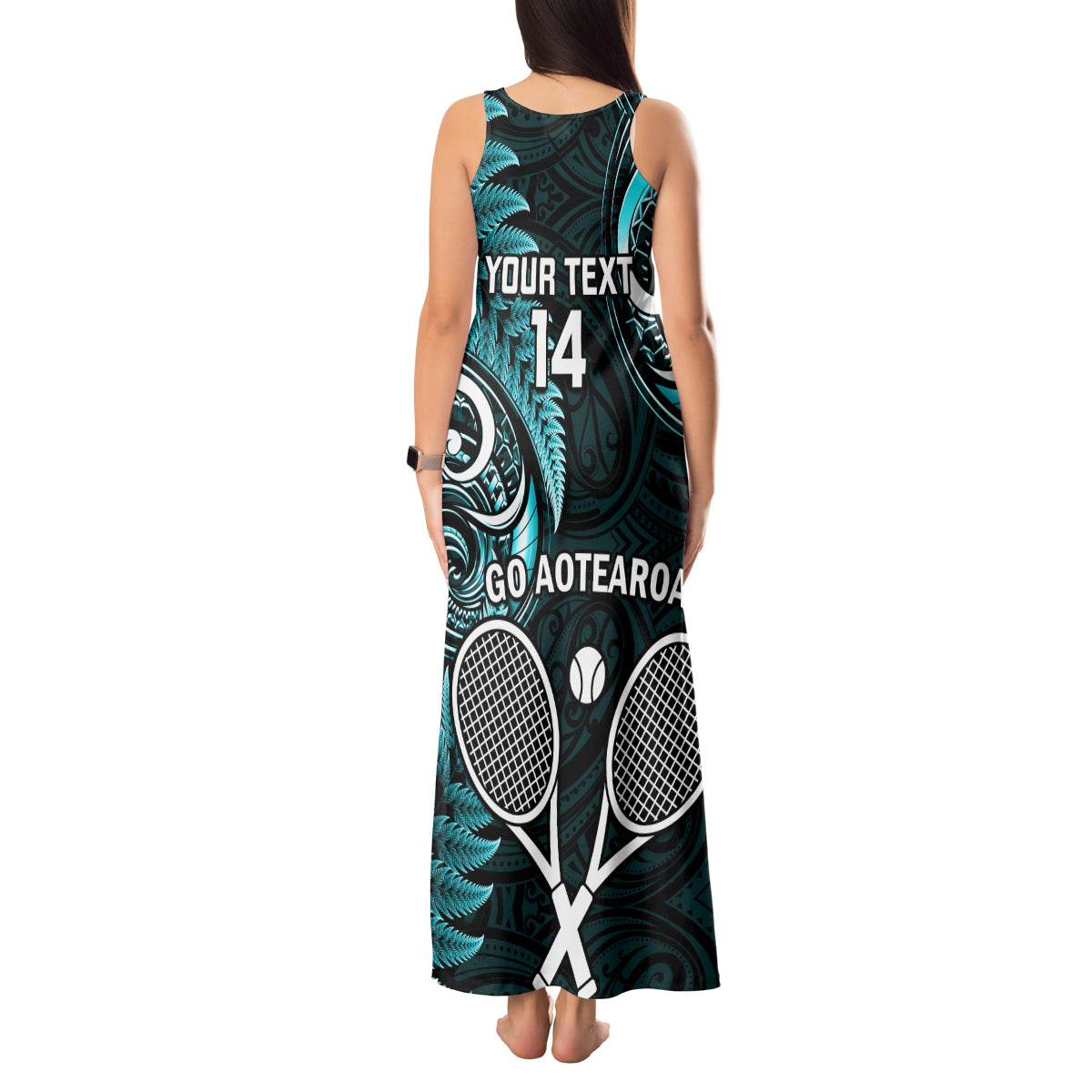 Custom New Zealand Tiki Tennis Tank Maxi Dress 2024 Aotearoa Tenehi Maori Silver Fern - Turquoise LT14 - Polynesian Pride