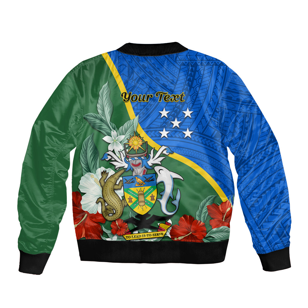 Personalised Halo Olaketa Solomon Islands Bomber Jacket Coat Of Arms With Tropical Flowers Flag Style LT14 - Polynesian Pride