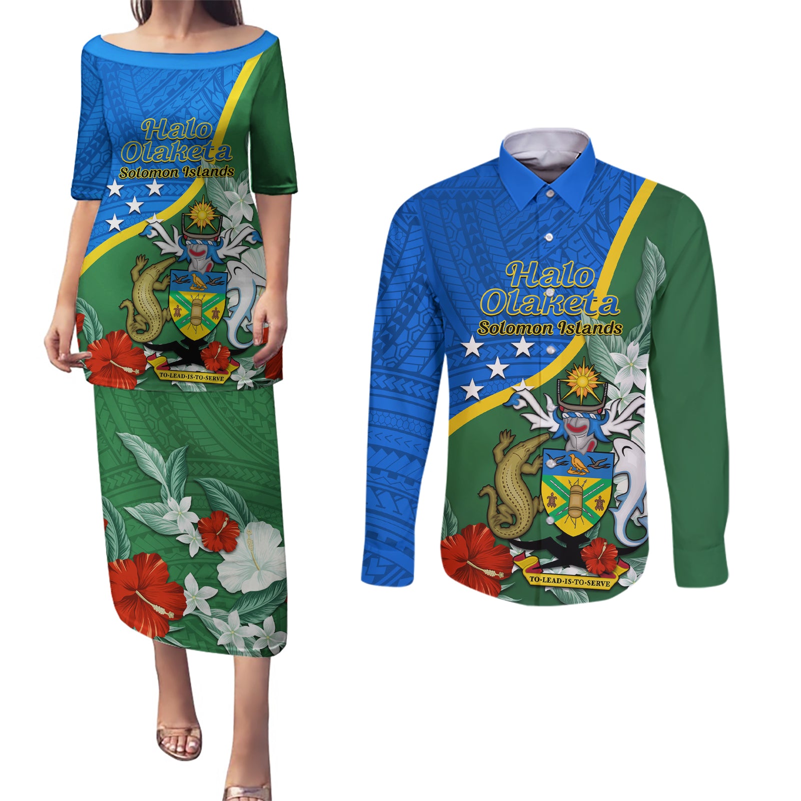 Personalised Halo Olaketa Solomon Islands Couples Matching Puletasi and Long Sleeve Button Shirt Coat Of Arms With Tropical Flowers Flag Style LT14 Green - Polynesian Pride