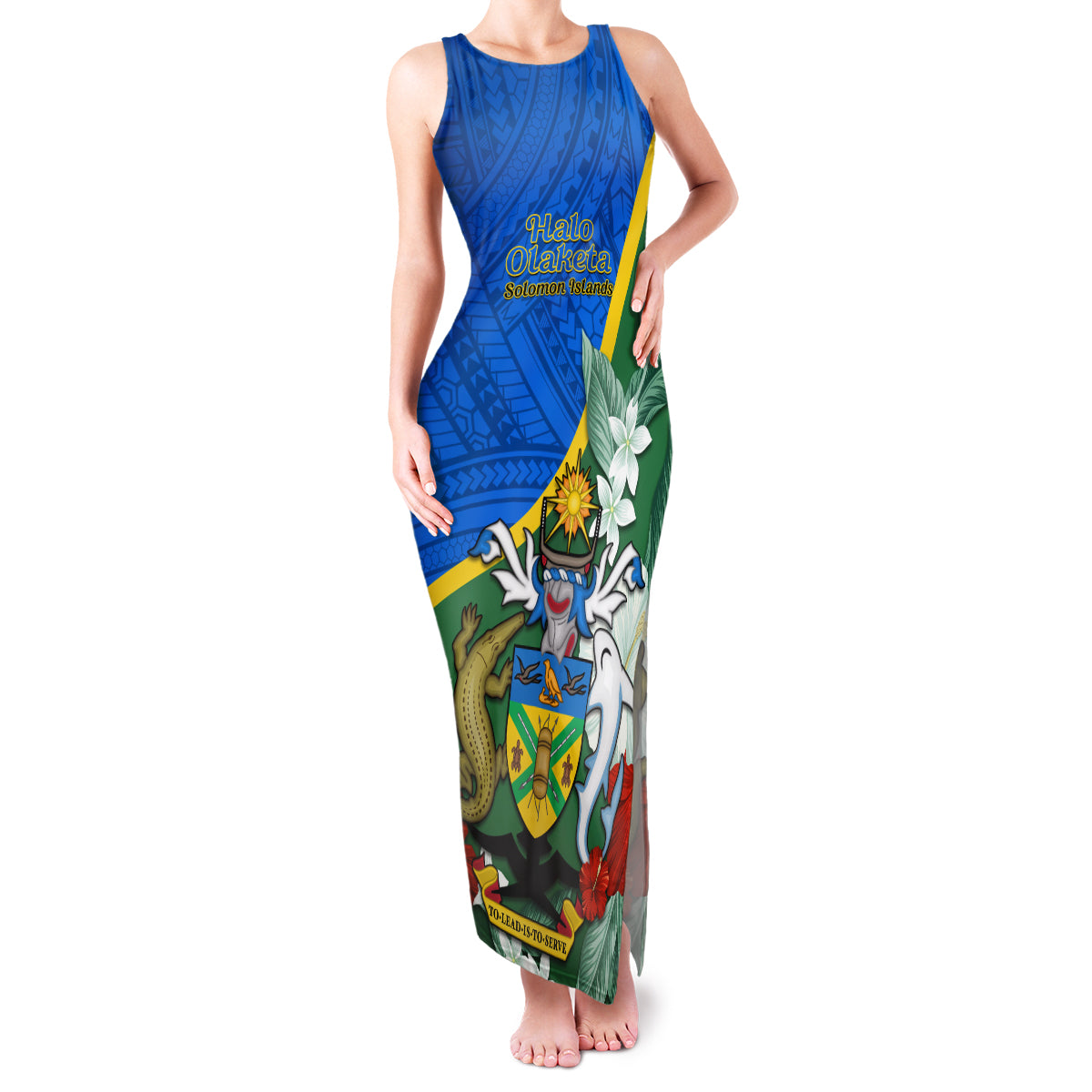 Personalised Halo Olaketa Solomon Islands Family Matching Tank Maxi Dress and Hawaiian Shirt Coat Of Arms With Tropical Flowers Flag Style LT14 Mom's Dress Green - Polynesian Pride