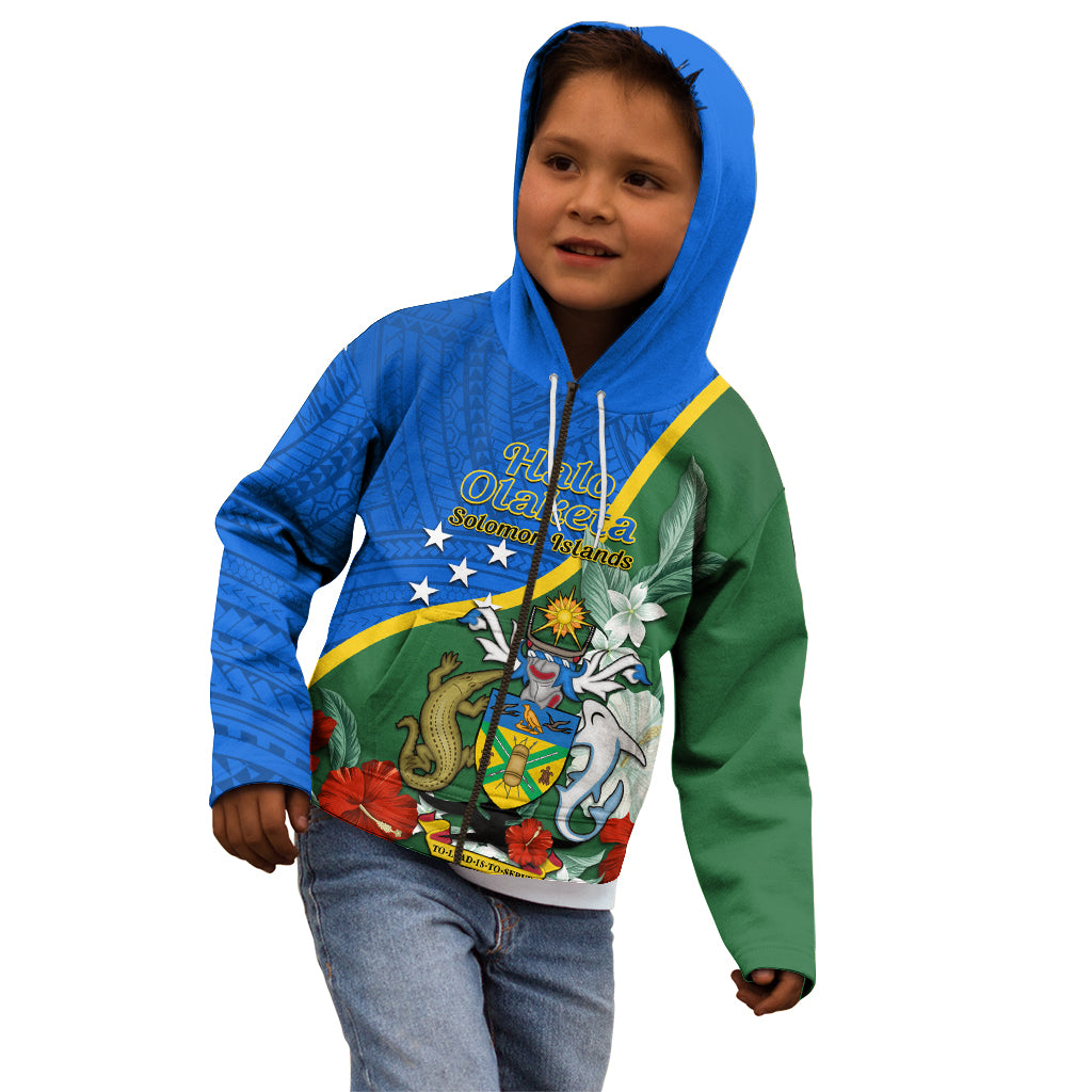 Personalised Halo Olaketa Solomon Islands Kid Hoodie Coat Of Arms With Tropical Flowers Flag Style LT14 - Polynesian Pride
