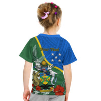 Personalised Halo Olaketa Solomon Islands Kid T Shirt Coat Of Arms With Tropical Flowers Flag Style LT14 - Polynesian Pride