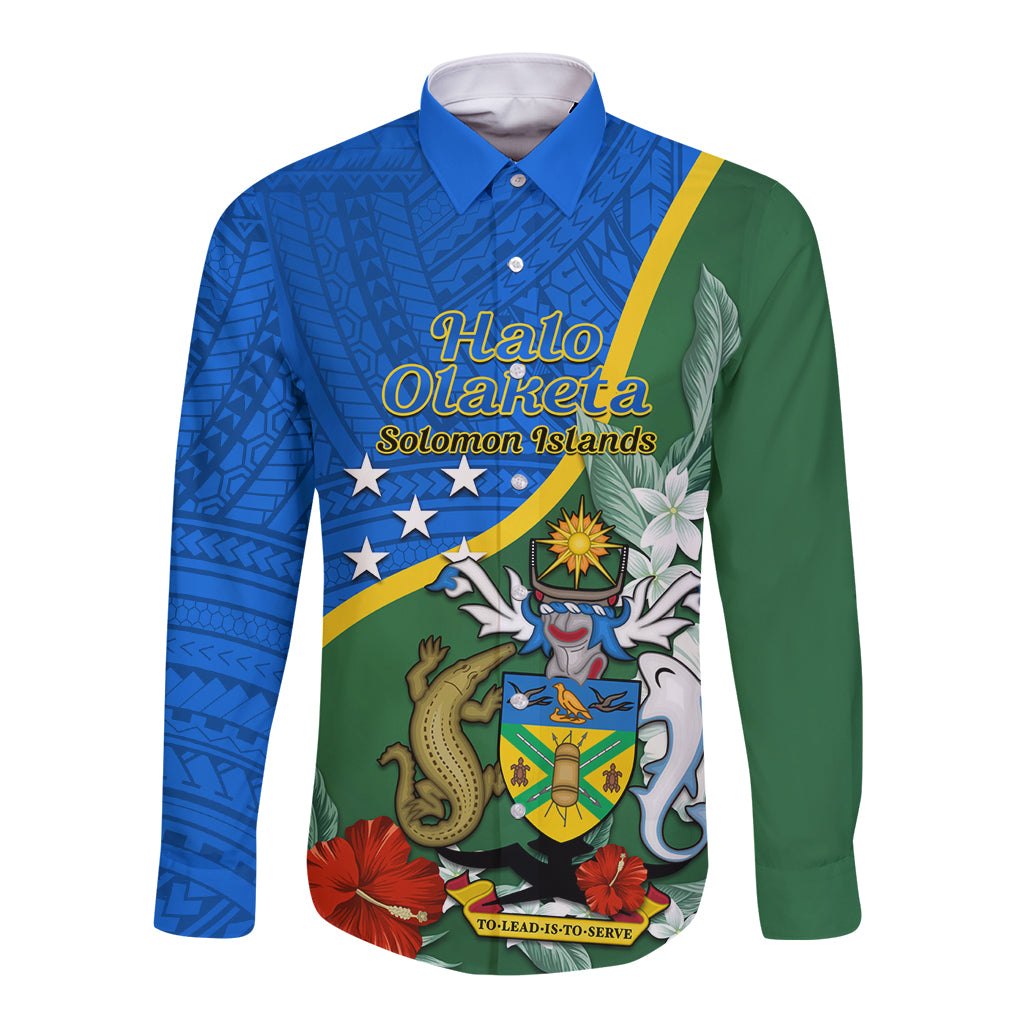 Personalised Halo Olaketa Solomon Islands Long Sleeve Button Shirt Coat Of Arms With Tropical Flowers Flag Style LT14 Unisex Green - Polynesian Pride