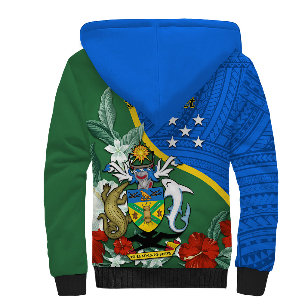 Personalised Halo Olaketa Solomon Islands Sherpa Hoodie Coat Of Arms With Tropical Flowers Flag Style LT14 - Polynesian Pride