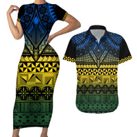 Halo Olaketa Solomon Islands Couples Matching Short Sleeve Bodycon Dress and Hawaiian Shirt Melanesian Tribal Pattern Gradient Version LT14 Black - Polynesian Pride