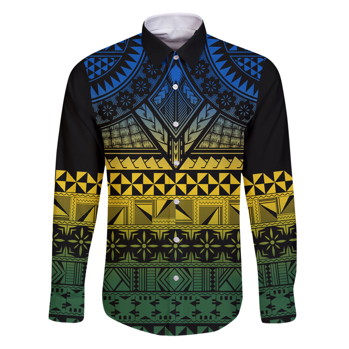 Halo Olaketa Solomon Islands Family Matching Puletasi and Hawaiian Shirt Melanesian Tribal Pattern Gradient Version LT14 Dad's Shirt - Long Sleeve Black - Polynesian Pride