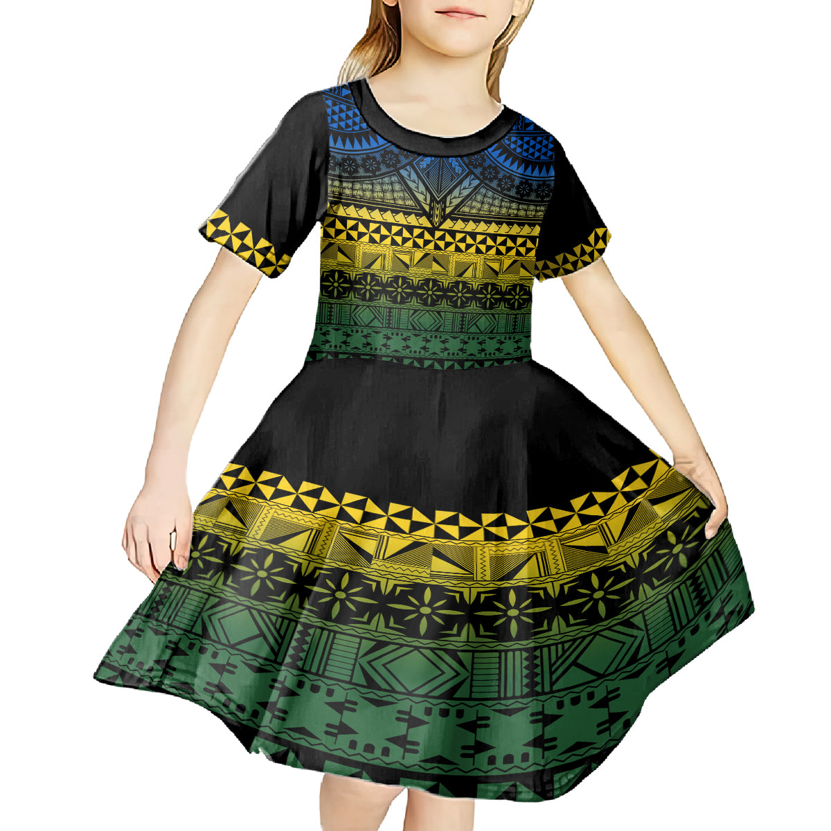 Halo Olaketa Solomon Islands Kid Short Sleeve Dress Melanesian Tribal Pattern Gradient Version LT14 - Polynesian Pride