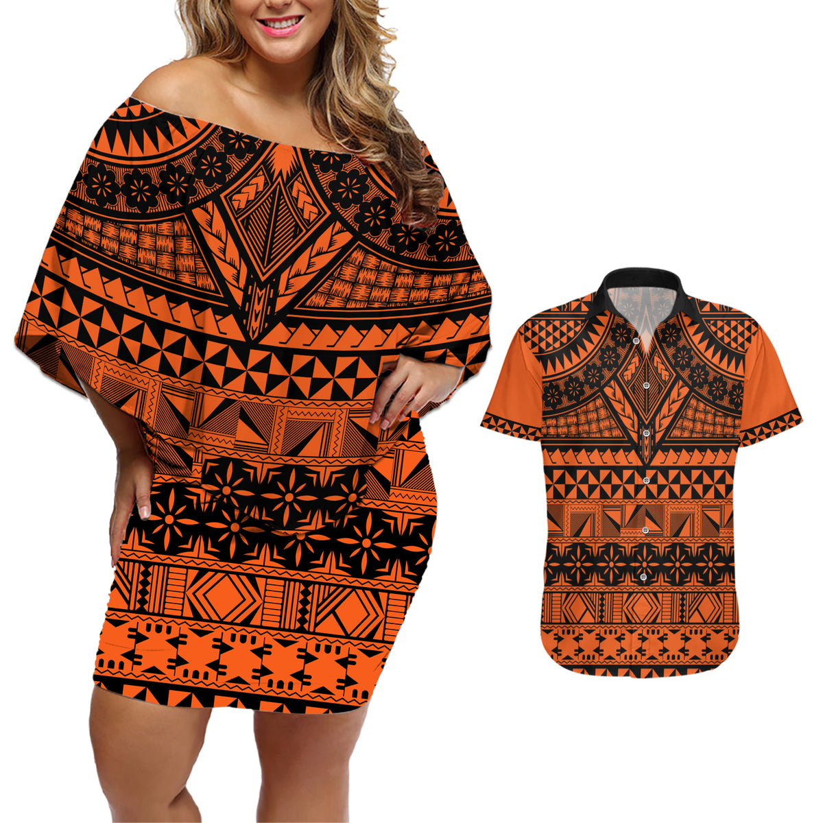 Halo Olaketa Solomon Islands Couples Matching Off Shoulder Short Dress and Hawaiian Shirt Melanesian Tribal Pattern Orange Version LT14 Orange - Polynesian Pride