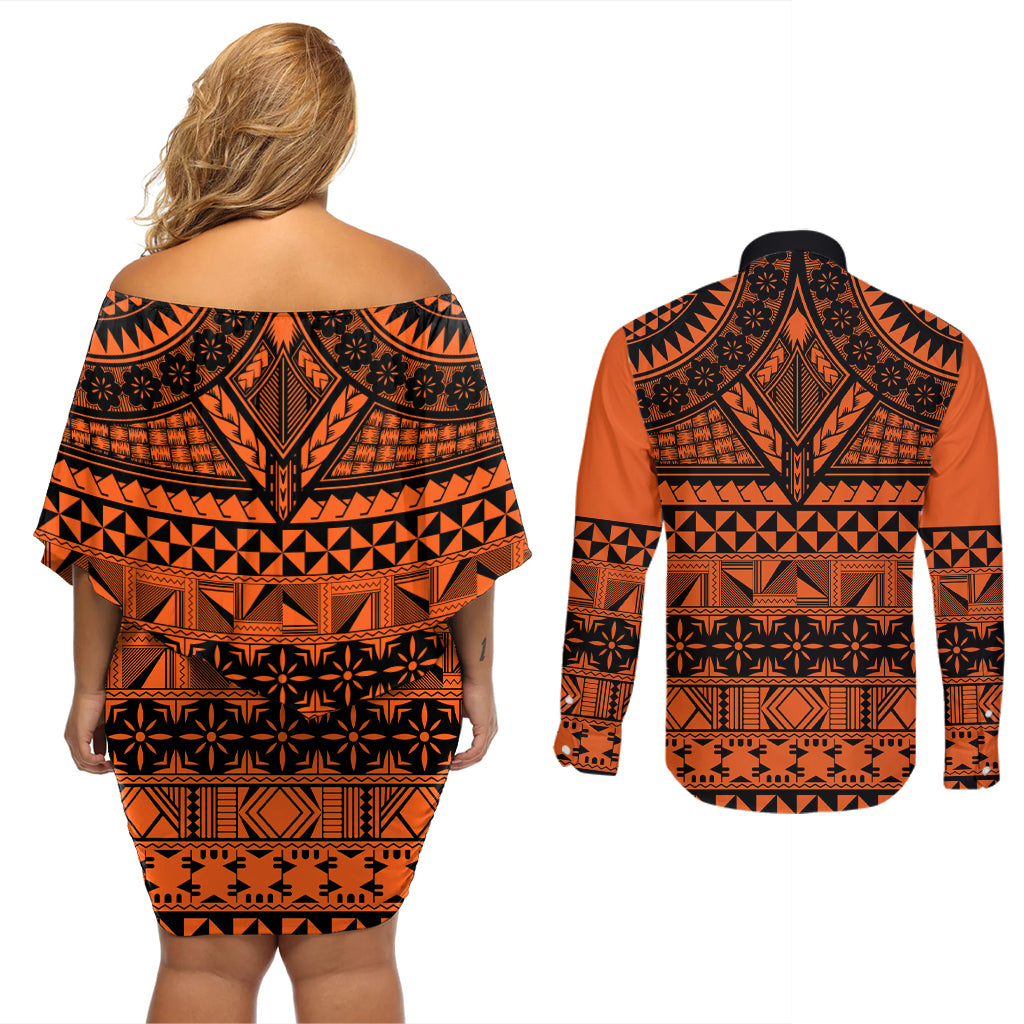 Halo Olaketa Solomon Islands Couples Matching Off Shoulder Short Dress and Long Sleeve Button Shirt Melanesian Tribal Pattern Orange Version LT14 - Polynesian Pride