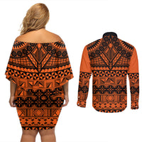 Halo Olaketa Solomon Islands Couples Matching Off Shoulder Short Dress and Long Sleeve Button Shirt Melanesian Tribal Pattern Orange Version LT14 - Polynesian Pride